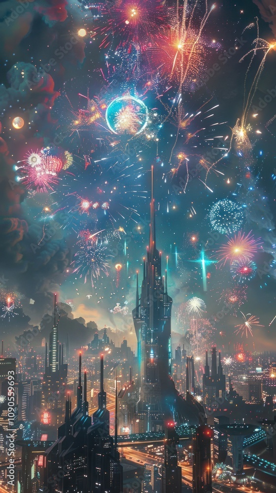 Poster a futuristic cityscape with a towering skyscraper and fireworks exploding in the sky.
