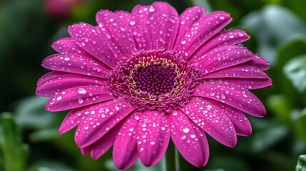 Obraz premium Vivid Pink Gerbera Daisy with Dew Drops in Close-Up, Showcasing Nature's Beauty and Elegance with Luscious Green Background
