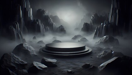Black Podium in Misty Mountain Landscape.Podium Surrounded by Rocks.Dark and Moody Mountain Scene with Podium.