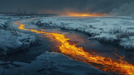Fototapeta premium A contrasting landscape of flowing lava and snow-covered terrain.