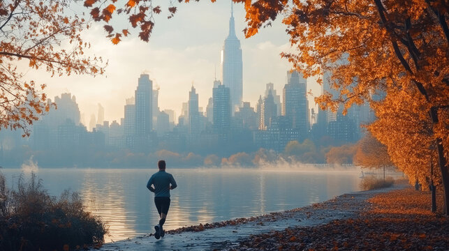 Jogger in Central Park with Midtown Manhattan Skyline in Autumn