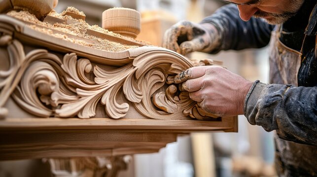 An up-close perspective of a carpenter crafting intricate woodwork details for a historic building restoration, Woodwork restoration scene, Artisanal and detailed style