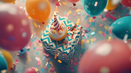 Colorful birthday cake with balloons and confetti for a fun celebration moment
