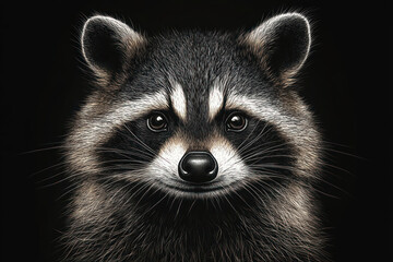 Obraz premium A close-up of a raccoon against a black background. The animal's fur is clearly drawn, creating a contrast between the light and dark areas of its fur. 
