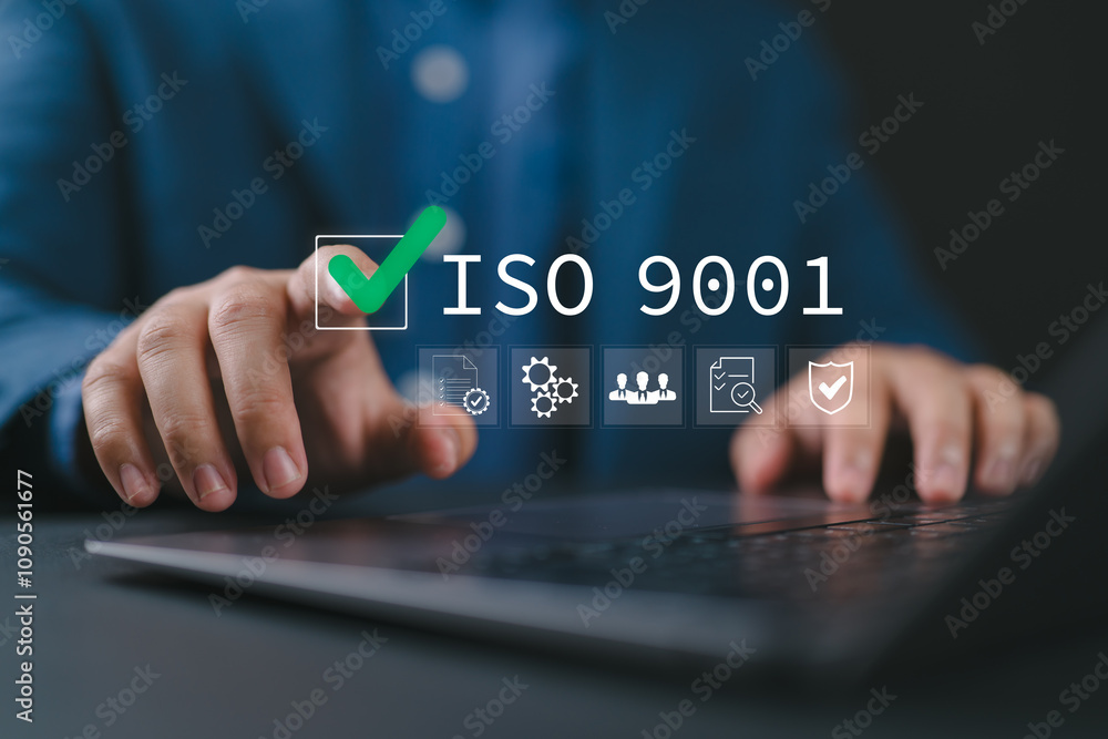 Aufkleber iso 9001 certification concept. businessman points to iso 9001 with checkmark icons and quality cont