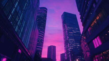 Fototapeta premium Vibrant city skyline at dusk with stunning purple and pink hues lighting up the buildings. A view that captures the energy of urban life.