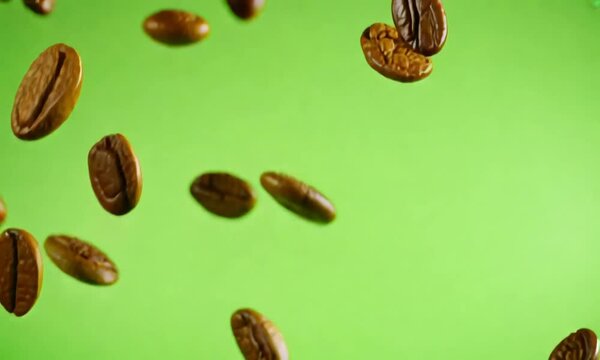 Beautyful Coffee beans spinning in the air green screen with luma channal black and white.