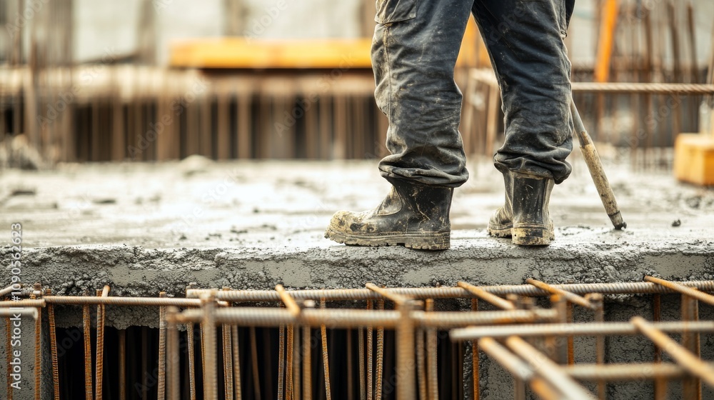 Poster An up-close view of a construction supervisor inspecting reinforced concrete foundations at a high-rise building site, Foundation inspection scene, Detailed and structural style