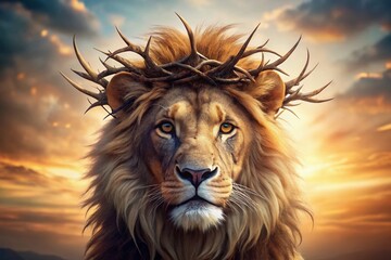 Fototapeta premium Majestic Lion Head with Crown of Thorns: A Stunning Panoramic Illustration on a Light Background Symbolizing Strength and Sacrifice