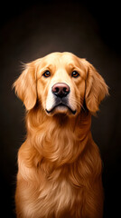 A golden retriever posed against a dark background, showcasing its friendly expression and shiny fur.