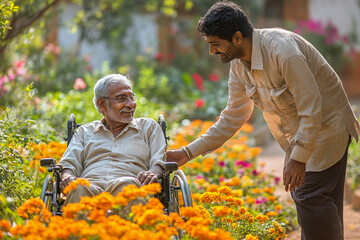 A male nurse caring for elderly indian man in a wheelchair.