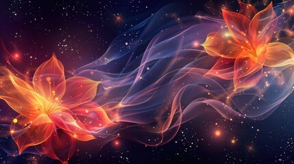 Obraz premium Two luminous flowers float in a cosmic smoke stream.