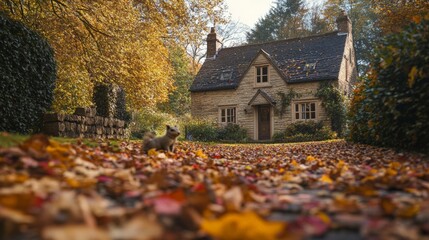 Obraz premium Charming cottage in autumn with colorful leaves and a peaceful atmosphere outside. A perfect cozy retreat for nature lovers.