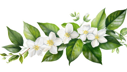 Obraz premium Green Vine Isolated on Transparent Background with Watercolor jasmine Leaves and jasmine flower for Invitations, corner border