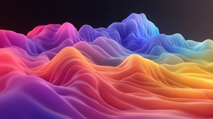 Obraz premium A vibrant abstract landscape of undulating, colorful waves in gradient hues of pink, orange, blue, and purple on a dark background, creating a dynamic and surreal effect.