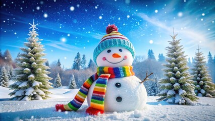 Fototapeta premium Cheerful Snowman in a Winter Wonderland: Charming Product Photography of a Snowy Landscape with Falling Snowflakes for Holiday Decor and Seasonal Themes
