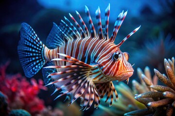 Close-up of a Lionfish in Low Light with Vibrant Colors and Intricate Details - Underwater Photography, Marine Life, Exotic Fish, Coral Reef, Aquatic Ecosystem, Night Scene