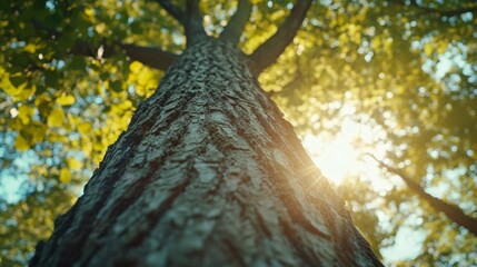 Looking Up a Majestic Tree with Sunlight Filtering Through Green Leaves