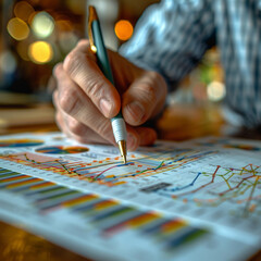 Naklejka premium A man is writing with a pen on a piece of paper with a lot of numbers and graphs