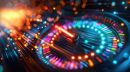 Futuristic colorful roulette wheel spinning with light streaks.