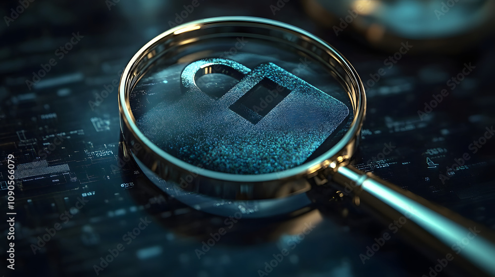 Poster magnifying glass focusing on padlock and user login interface for online security and protection top