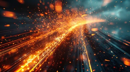 Fototapeta premium Glowing streaks of light and sparks in dark space.