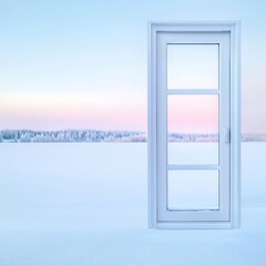 A minimalist scene featuring a frosty window with a blurred snowy landscape in the background,...