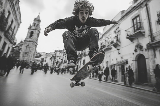 Skateboarder in mid-air, urban setting