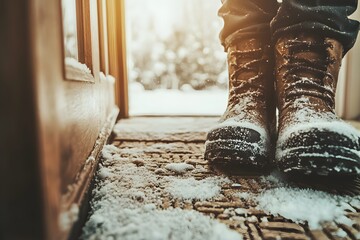 Close-up of winter boots covered in snow on a doormat by the entrance, capturing cozy winter vibes, seasonal warmth, and the contrast of icy weather with indoor comfort.