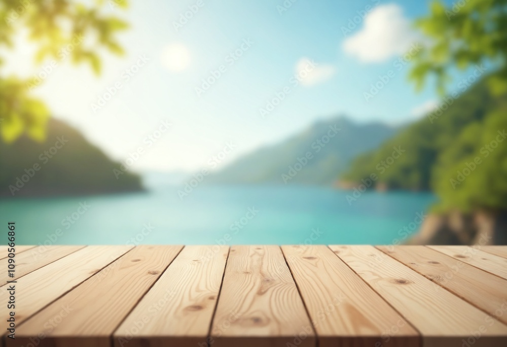 Poster empty wooden table top with blurred nature background. calm sunny day in nature with sea and mountai