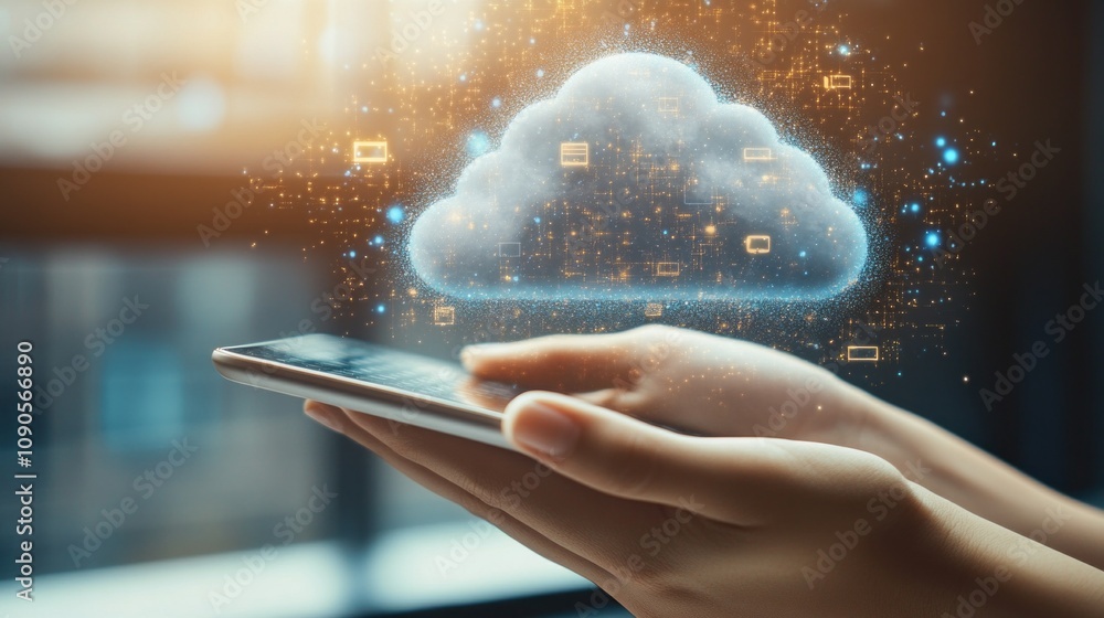 Poster A person is holding a cell phone and the screen is displaying a cloud