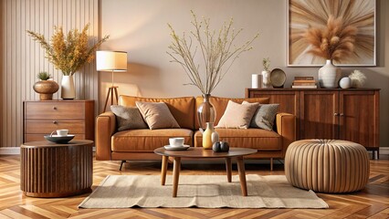 Cozy Living Room Interior Design with Brown Sofa, Wooden Coffee Table, and Personal Touches
