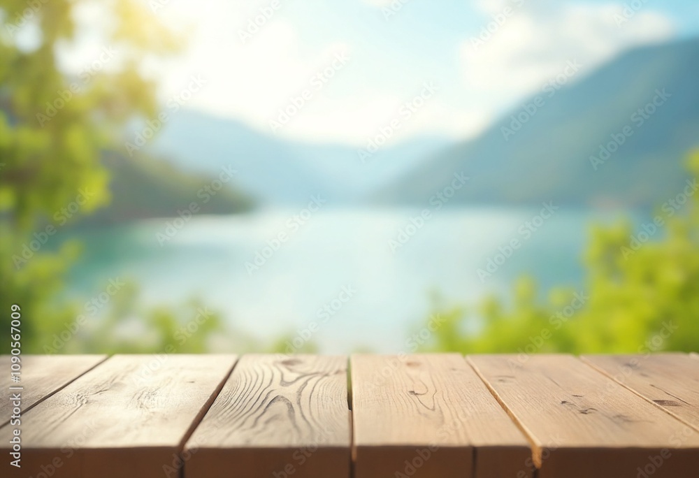 Aufkleber empty wooden table top with blurred nature background. calm sunny day in nature with sea and mountai