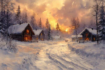 Obraz premium a cozy winter village against the backdrop of sunset. Several wooden houses surrounded by snow-covered forest are illuminated by soft warm light from the windows, 