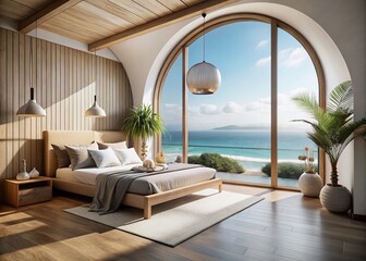 Naklejka premium Modern Beachfront Bedroom Interior Featuring Minimalist Design, Wooden Arch Elements, and Stunning Sea View for Relaxation and Serenity
