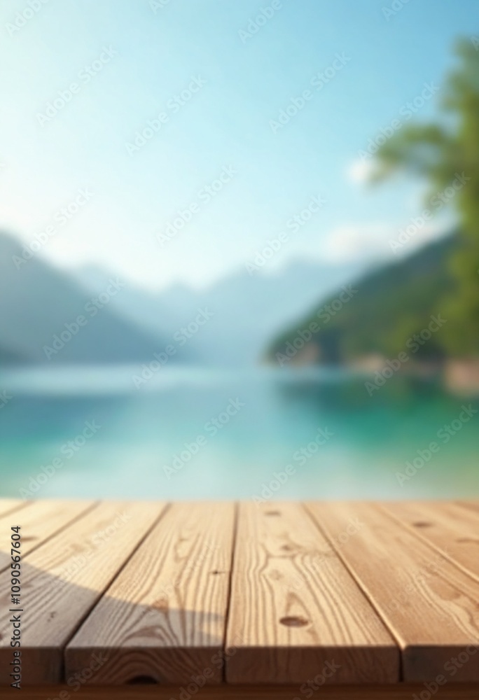 Poster empty wooden table top with blurred nature background. calm sunny day in nature with sea and mountai