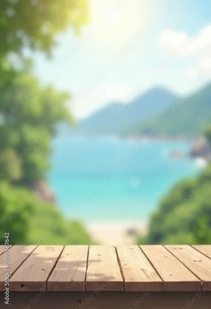 Poster empty wooden table top with blurred nature background. calm sunny day in nature with sea and mountai