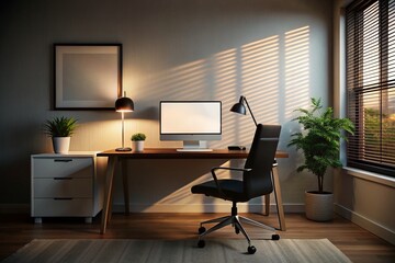 Modern Home Office with Silhouette of a Computer on Desk and Empty White Poster for Interior Design Inspiration in a Stylish Work-From-Home Setup