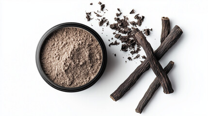 A bowl of licorice powder accompanied by dried licorice roots and crumbled pieces arranged on a clean white background.
