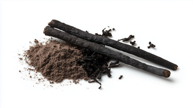 A close up of licorice powder accompanied by dried licorice roots and crumbled pieces, all arranged on a white background.