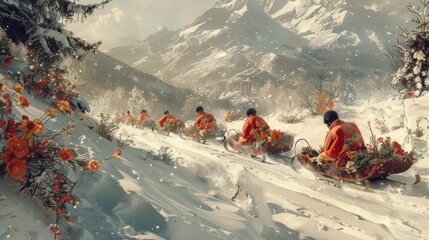 Sledding through a snowy landscape with vibrant flowers in bloom.