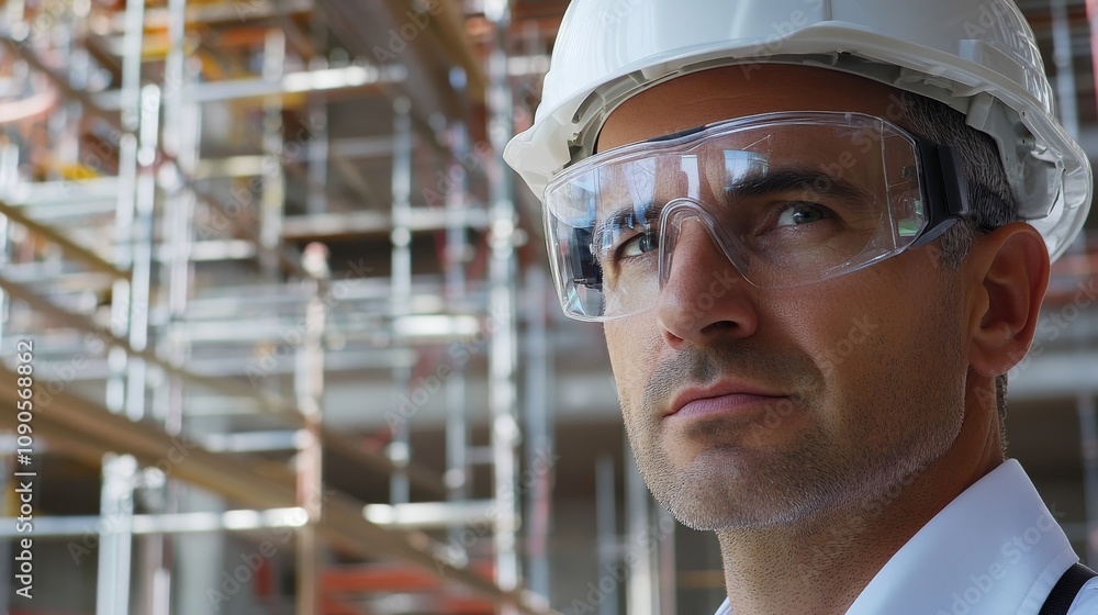 Poster close-up of a construction engineer in a white hard hat and safety glasses, checking measurements wi