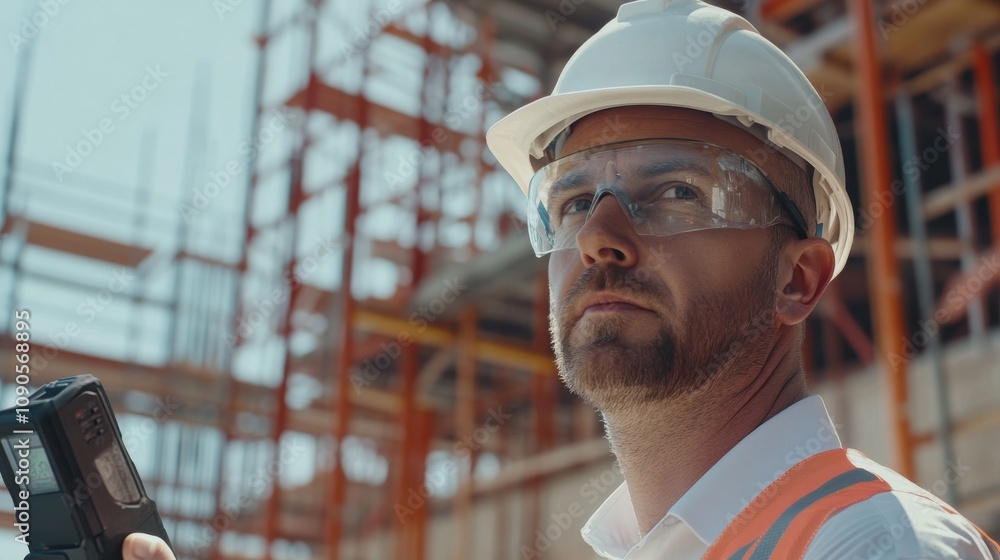 Poster close-up of a construction engineer in a white hard hat and safety glasses, checking measurements wi