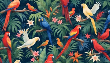 Tropical exotic pattern with animal and flowers in bright colors and lush vegetationn