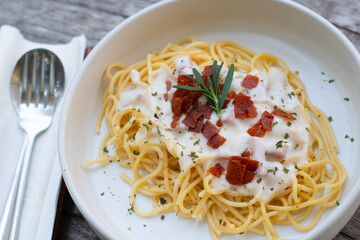 A close-up view of a plate of spaghetti carbonara ,showcasing the creamy texture and rich flavors of the dish.