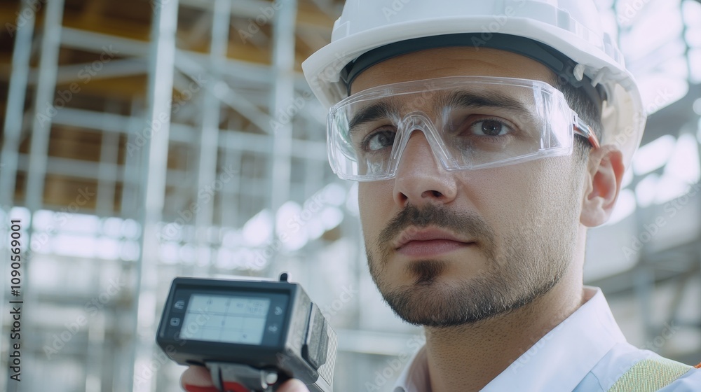Poster close-up of a construction engineer in a white hard hat and safety glasses, checking measurements wi