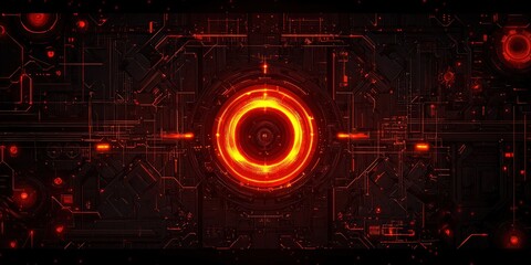 Obraz premium A vibrant, digital design featuring a central glowing red circle against a dark background, surrounded by intricate circuit-like patterns.