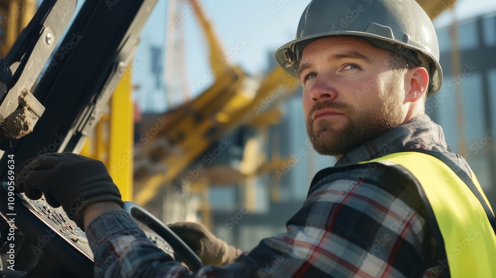 Poster close-up of a construction laborer in a gray hard hat and yellow reflective vest, operating a crane’