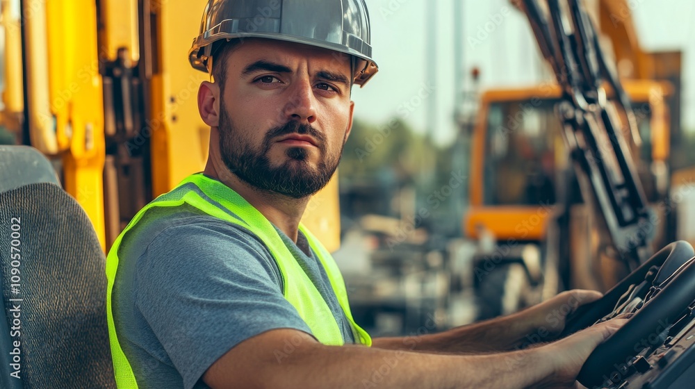 Poster close-up of a construction laborer in a gray hard hat and yellow reflective vest, operating a crane’