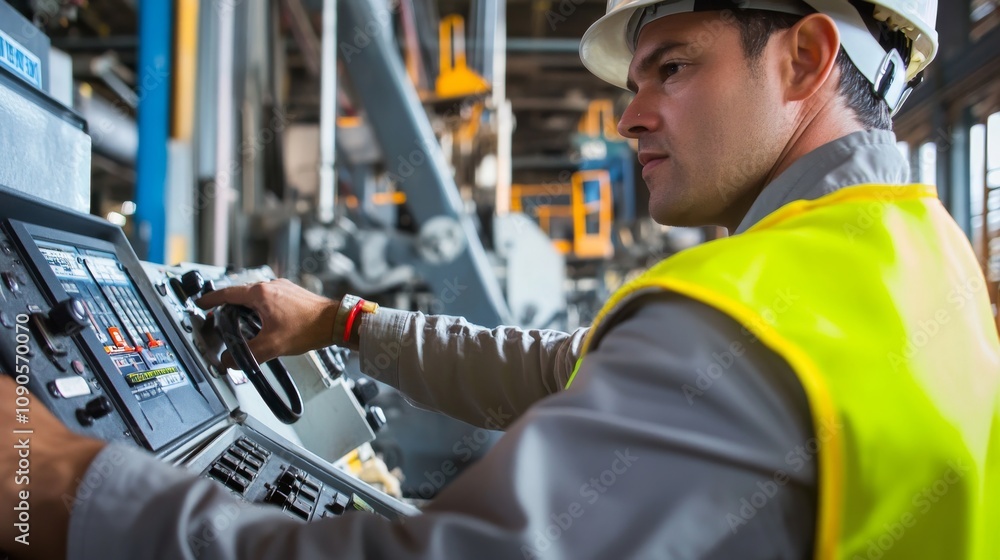 Poster close-up of a construction laborer in a gray hard hat and yellow reflective vest, operating a crane’